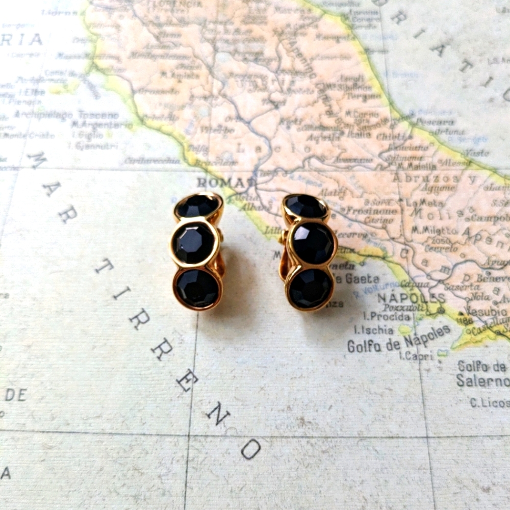 Swarovski SAL Signed Black Crystal on Gold Clip- On Earrings